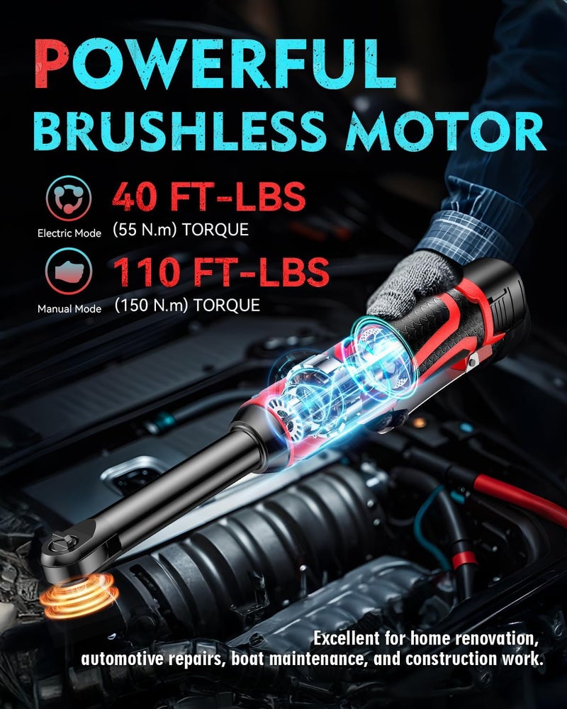 SOARFLY 3/8" Cordless Ratchet Wrench, 6" Extended Electric Ratchet Wrench, 40 Ft-Lbs 450 RPM 16.8V Cordless Battery Powered Ratchet Wrench Set with 2 Batteries, Variable Speed, 7 Sockets, LED Light - Image 3